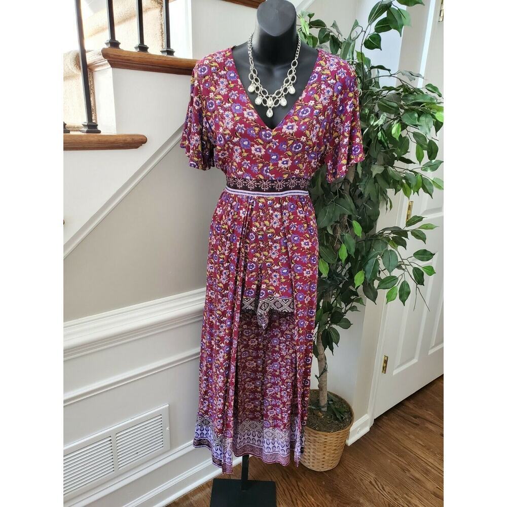 Angle Women Red Floral 100% Rayon Short Sleeve Pleated V-Neck Romper Size Large